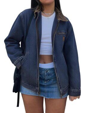 Women's Blue Brown Jean Cropped Zip Up Denim Jackets Contrast Collar and Pocket